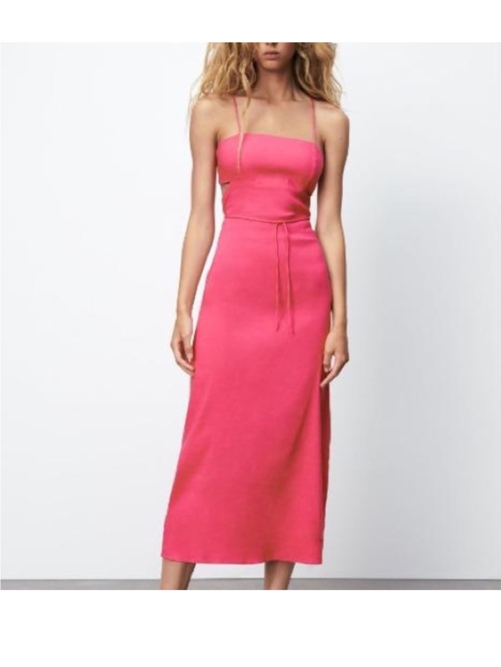 Zara Hot Pink Midi Slip Dress with Thin Straps